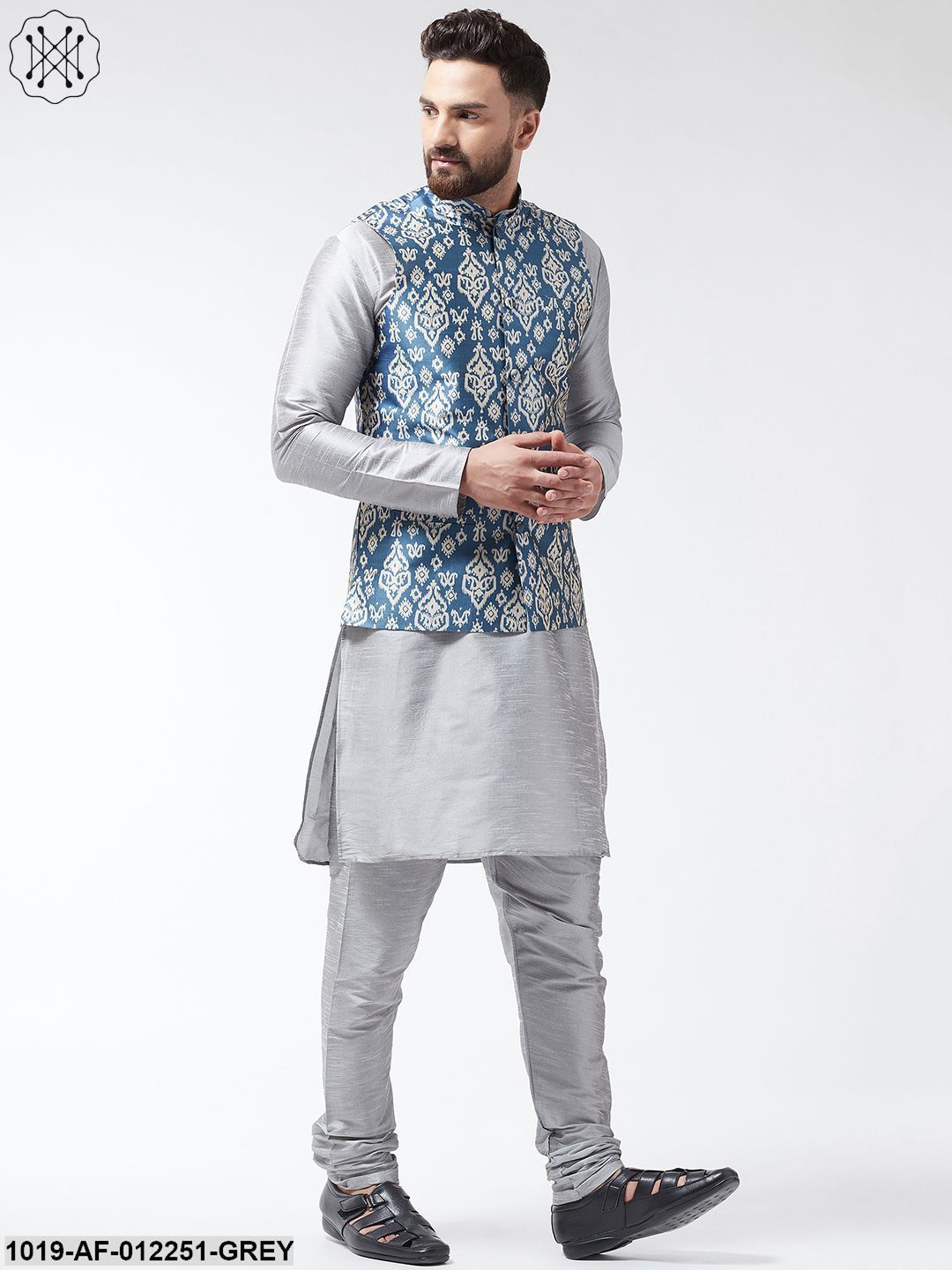 Men's Silk Blend Grey Kurta With Pyjama & Grey Printed Nehrujacket Combo