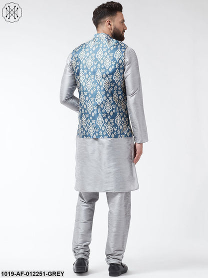 Men's Silk Blend Grey Kurta With Pyjama & Grey Printed Nehrujacket Combo