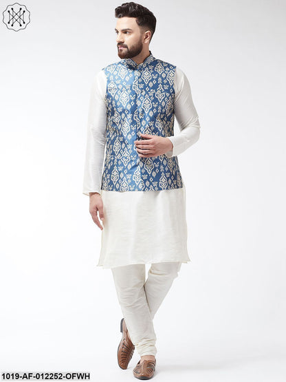 Men's Silk Blend Off White Kurta With Pyjama & Grey Printed Nehrujacket Combo