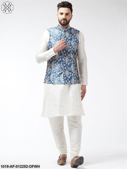 Men's Silk Blend Off White Kurta With Pyjama & Grey Printed Nehrujacket Combo