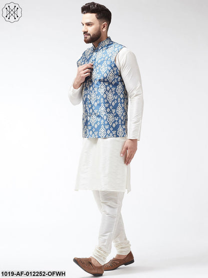 Men's Silk Blend Off White Kurta With Pyjama & Grey Printed Nehrujacket Combo