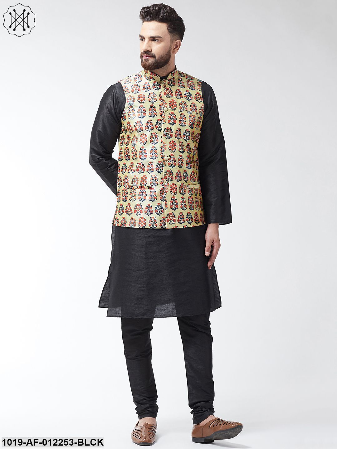 Men's Silk Blend Black Kurta With Pyjama & Beige Printed Nehrujacket Combo