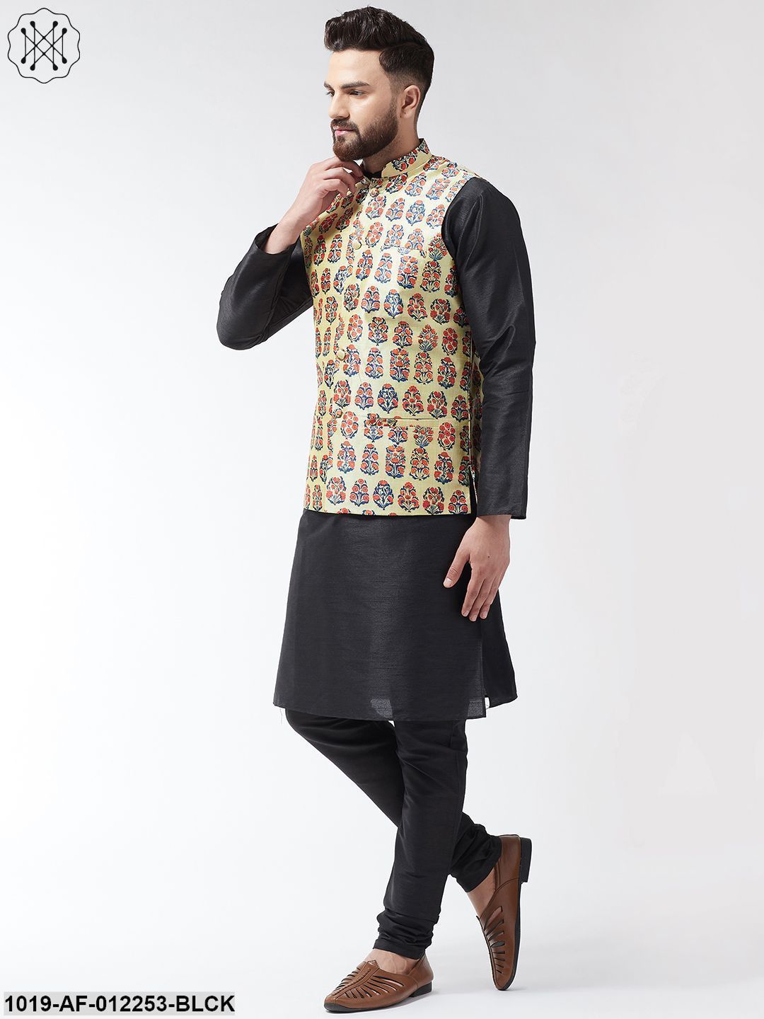 Men's Silk Blend Black Kurta With Pyjama & Beige Printed Nehrujacket Combo