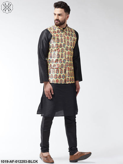 Men's Silk Blend Black Kurta With Pyjama & Beige Printed Nehrujacket Combo