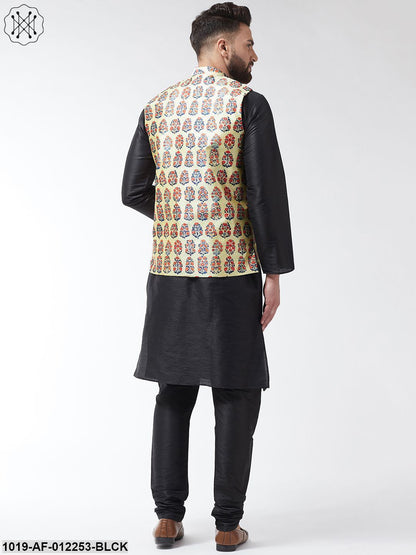 Men's Silk Blend Black Kurta With Pyjama & Beige Printed Nehrujacket Combo