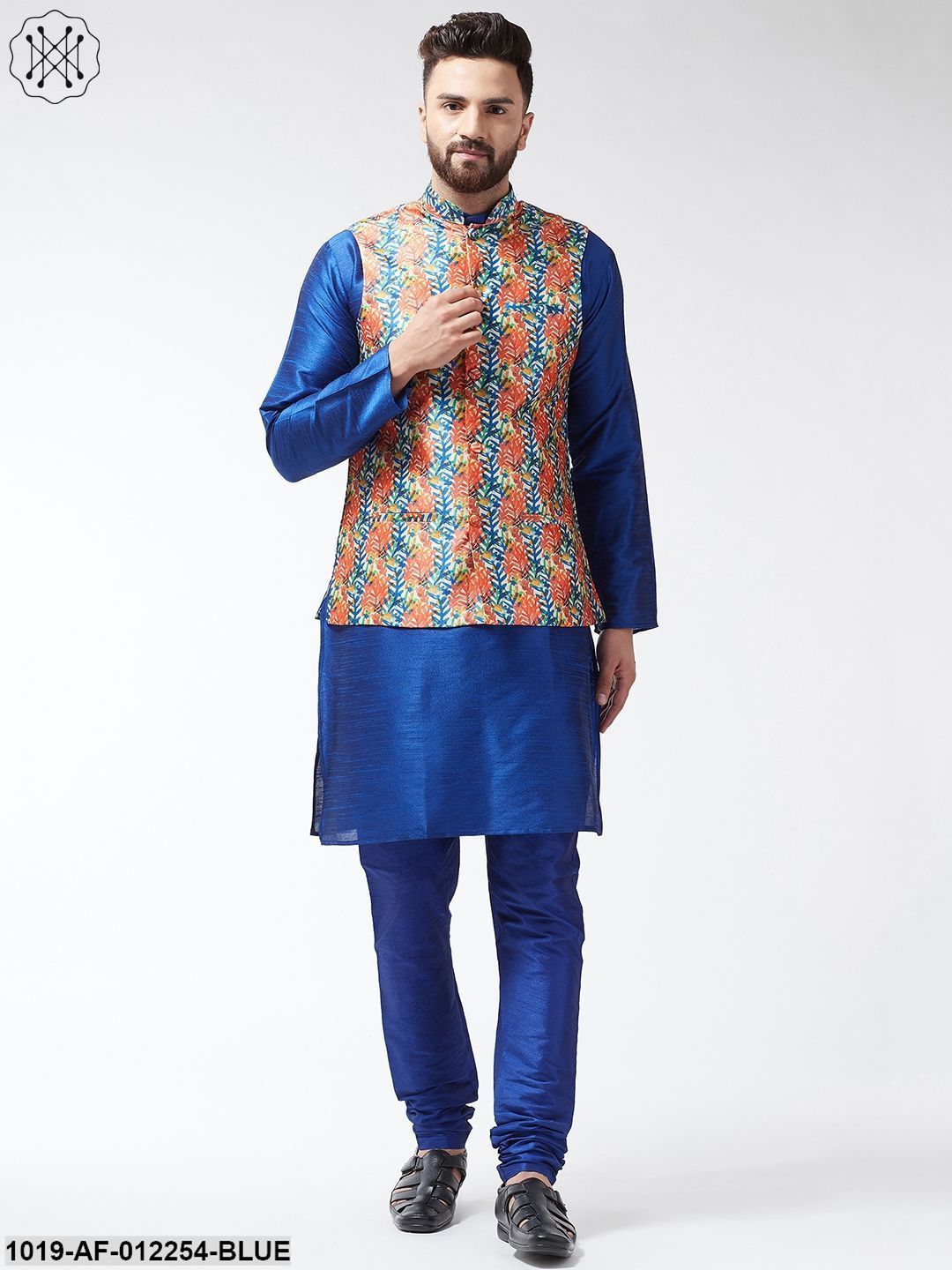 Men's Silk Blend Royalblue Kurta With Pyjama & Blue Printed Nehrujacket Combo