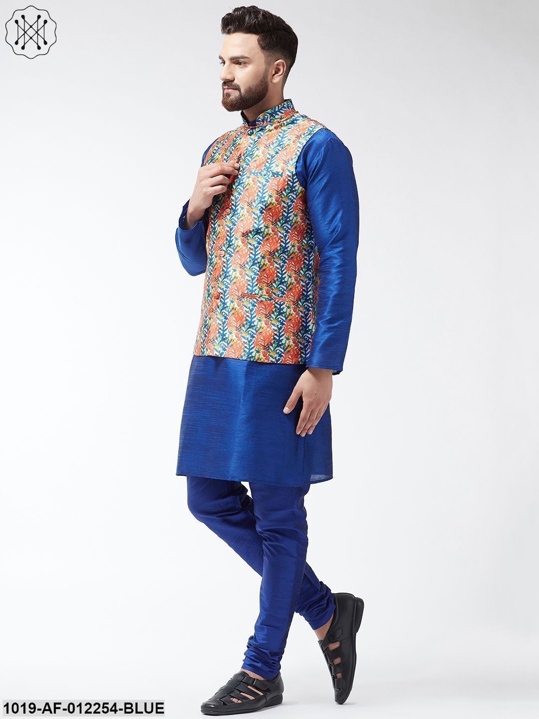 Men's Silk Blend Royalblue Kurta With Pyjama & Blue Printed Nehrujacket Combo