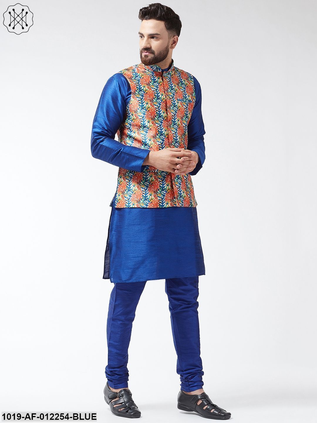 Men's Silk Blend Royalblue Kurta With Pyjama & Blue Printed Nehrujacket Combo