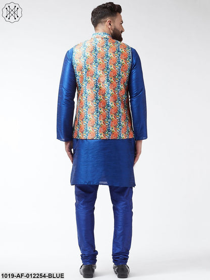 Men's Silk Blend Royalblue Kurta With Pyjama & Blue Printed Nehrujacket Combo