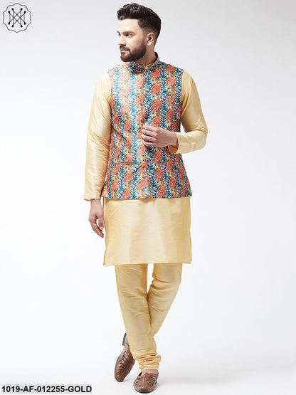 Men's Silk Blend Gold Kurta With Pyjama & Blue Printed Nehrujacket Combo