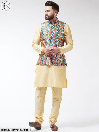 Men's Silk Blend Gold Kurta With Pyjama & Blue Printed Nehrujacket Combo