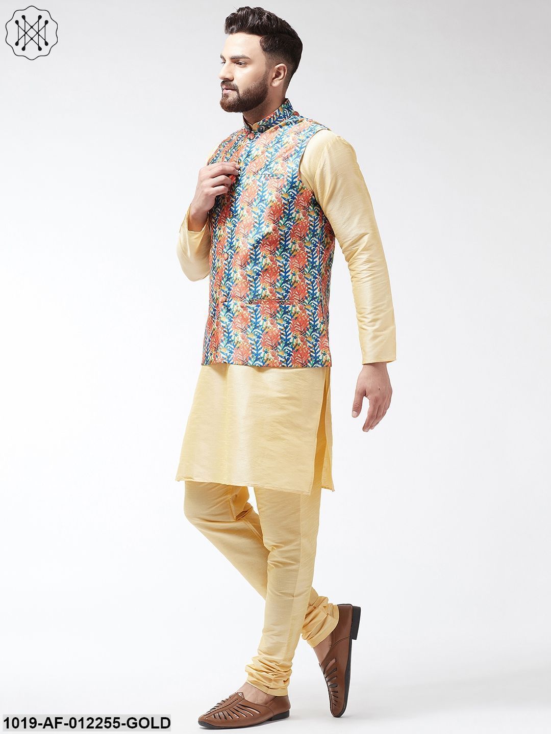 Men's Silk Blend Gold Kurta With Pyjama & Blue Printed Nehrujacket Combo