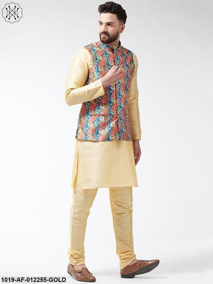 Men's Silk Blend Gold Kurta With Pyjama & Blue Printed Nehrujacket Combo