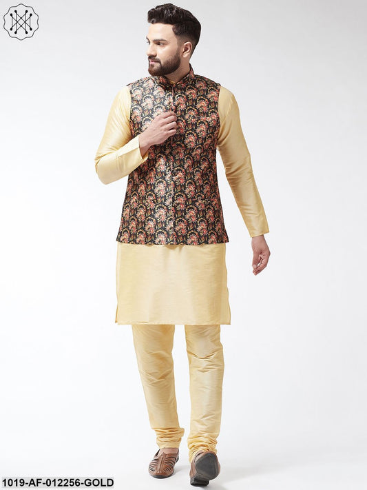 Men's Silk Blend Gold Kurta With Pyjama & Darkgreen Printed Nehrujacket Combo