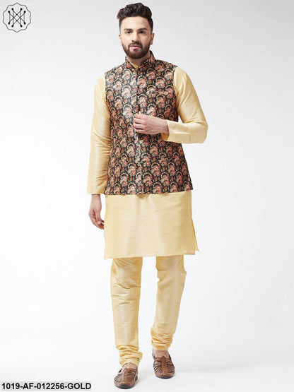 Men's Silk Blend Gold Kurta With Pyjama & Darkgreen Printed Nehrujacket Combo