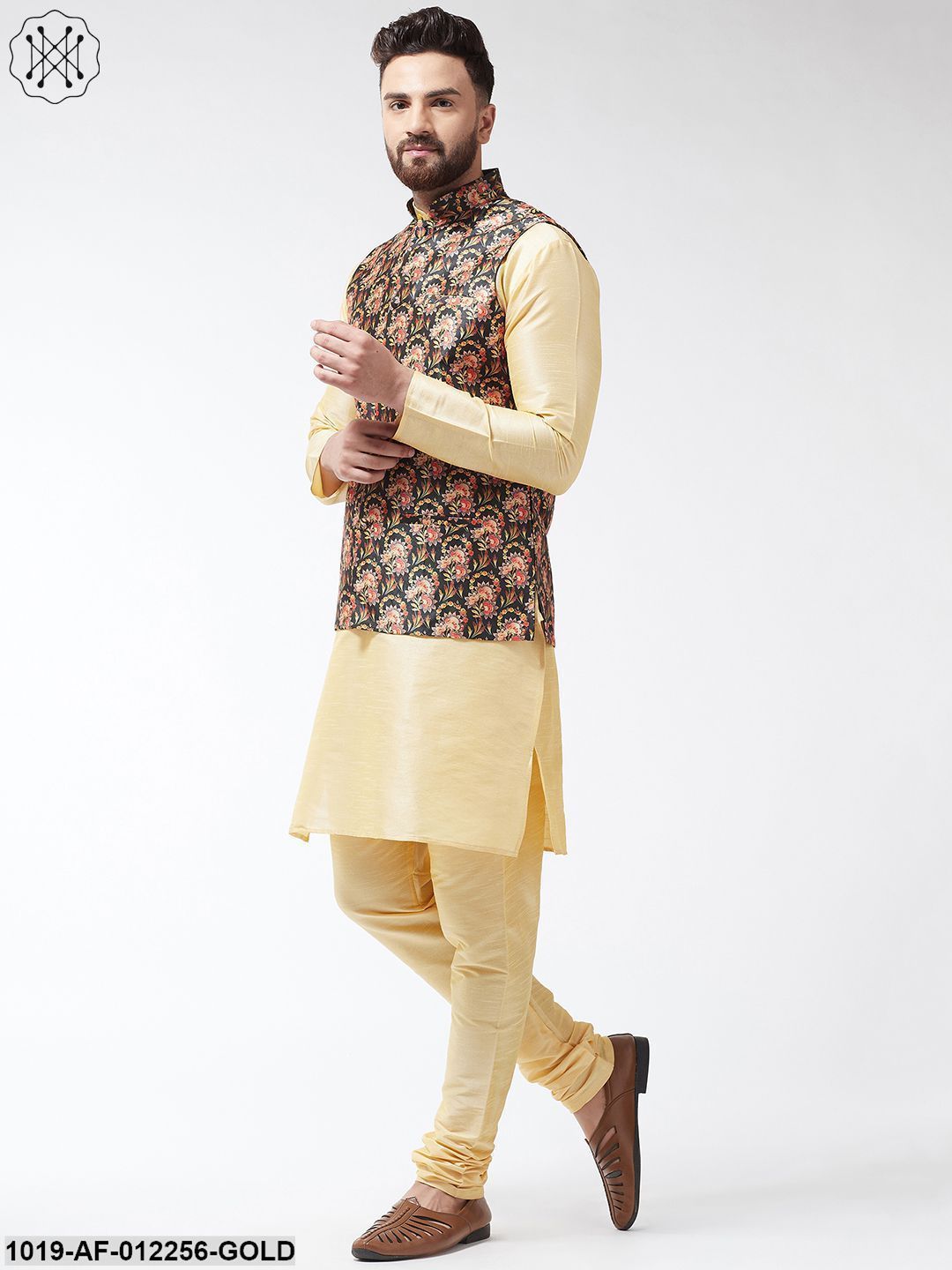 Men's Silk Blend Gold Kurta With Pyjama & Darkgreen Printed Nehrujacket Combo