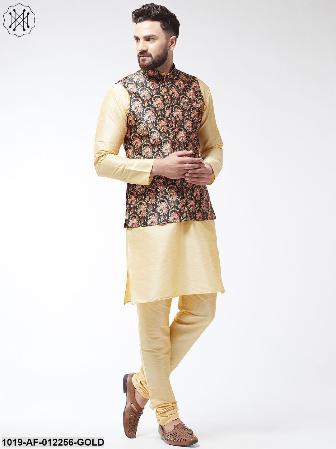 Men's Silk Blend Gold Kurta With Pyjama & Darkgreen Printed Nehrujacket Combo