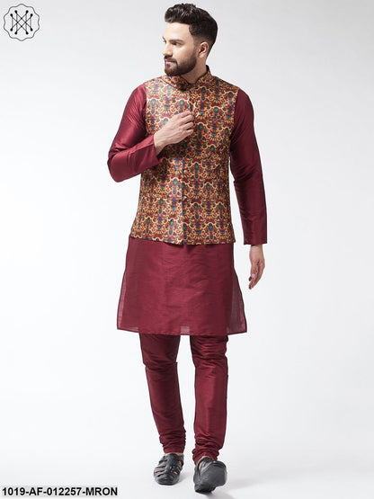 Men's Silk Blend Maroon Kurta With Pyjama & Multi Printed Nehrujacket Combo