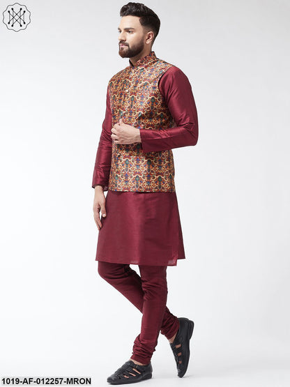 Men's Silk Blend Maroon Kurta With Pyjama & Multi Printed Nehrujacket Combo