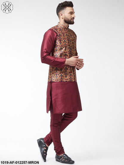 Men's Silk Blend Maroon Kurta With Pyjama & Multi Printed Nehrujacket Combo