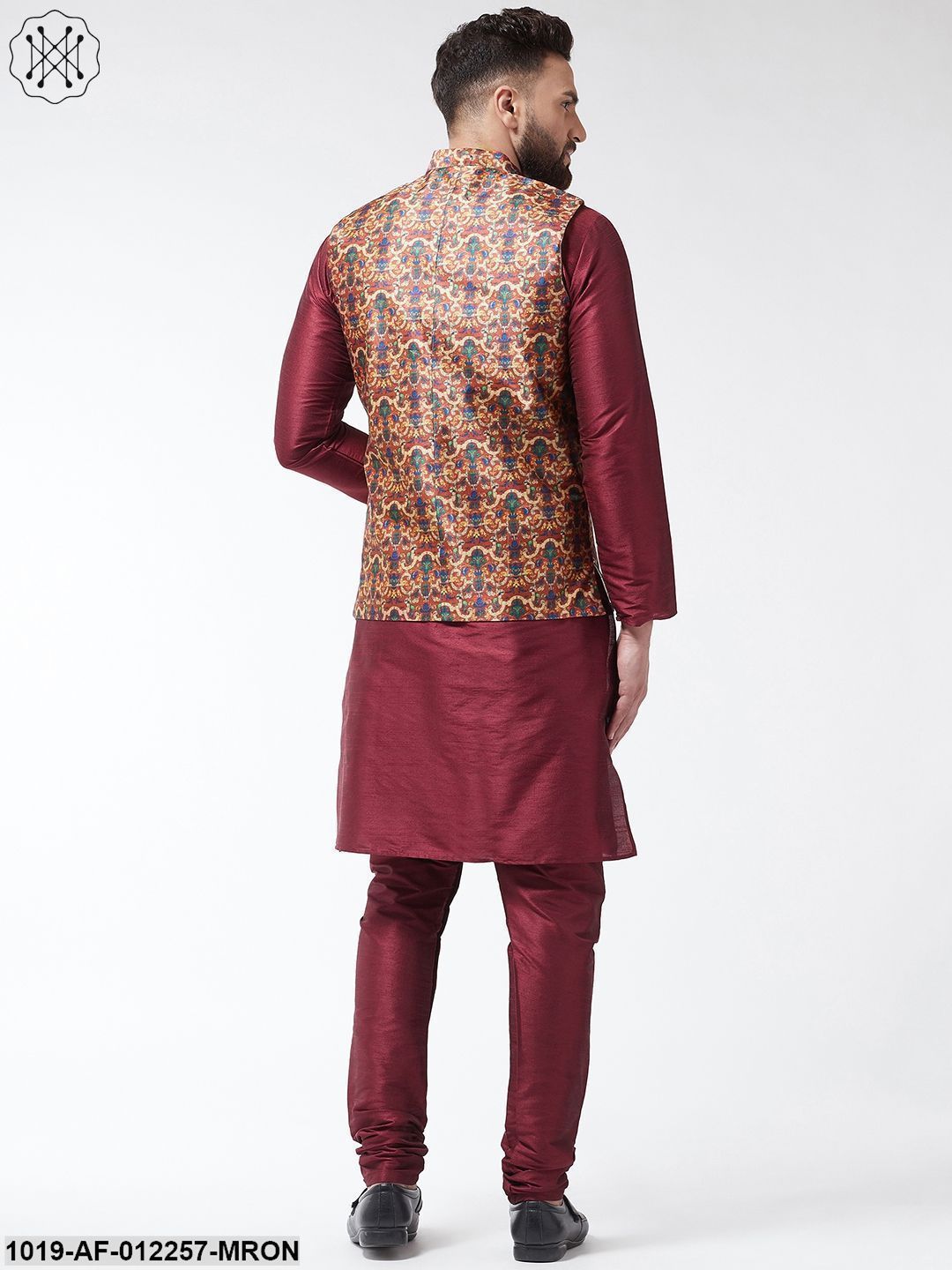 Men's Silk Blend Maroon Kurta With Pyjama & Multi Printed Nehrujacket Combo