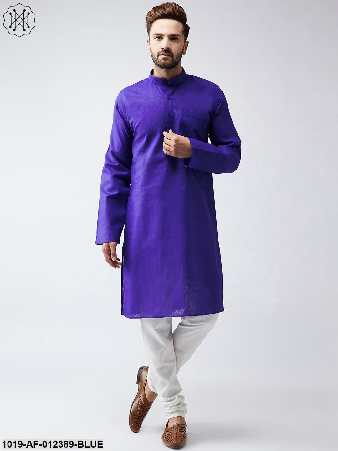 Men's Cotton Linen Royal Blue Kurta And Off White Churidar Pyjama Set