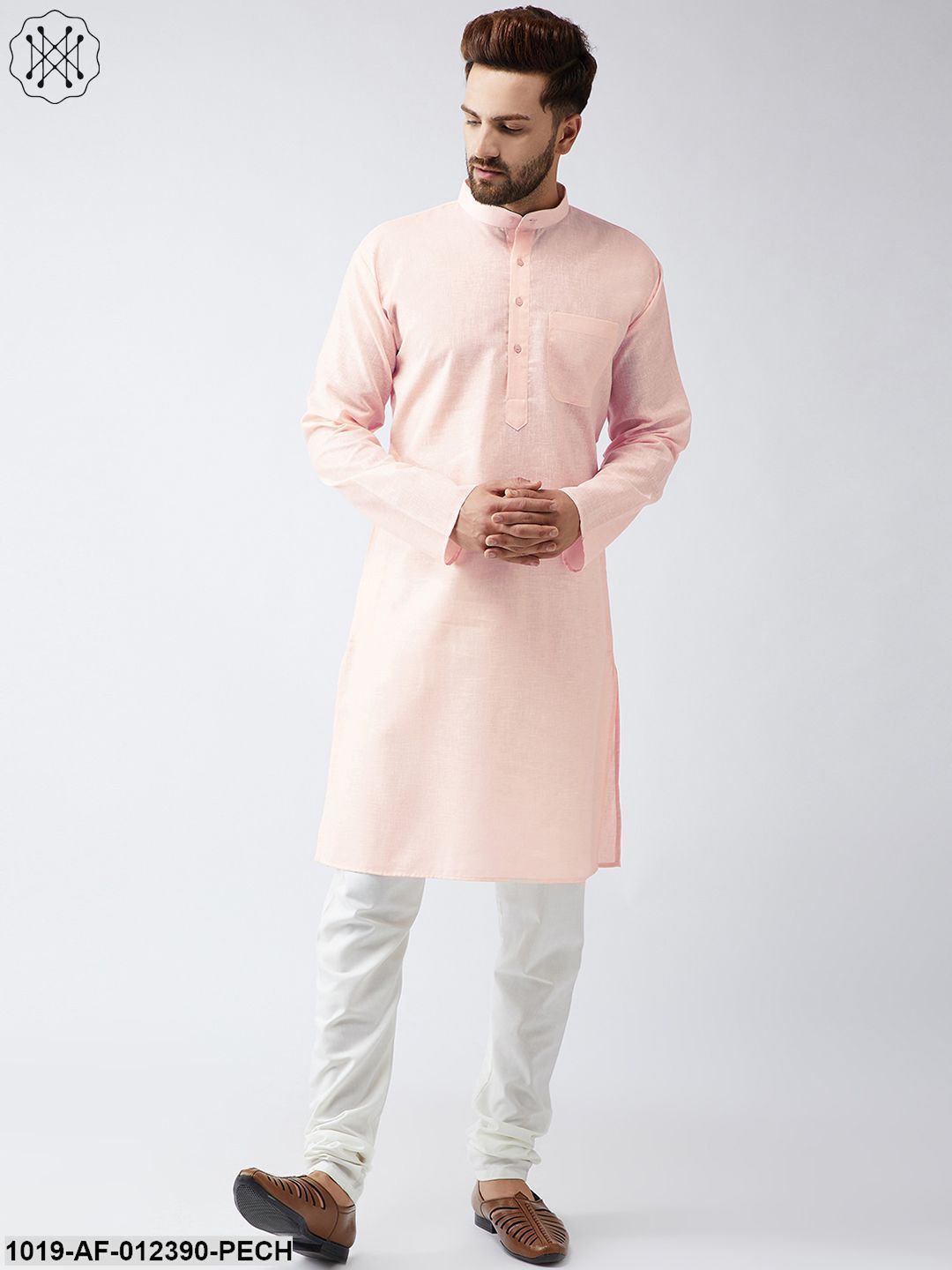 Men's Cotton Linen Peach Kurta And Off White Churidar Pyjama Set