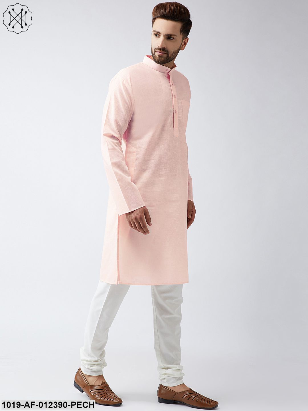 Men's Cotton Linen Peach Kurta And Off White Churidar Pyjama Set