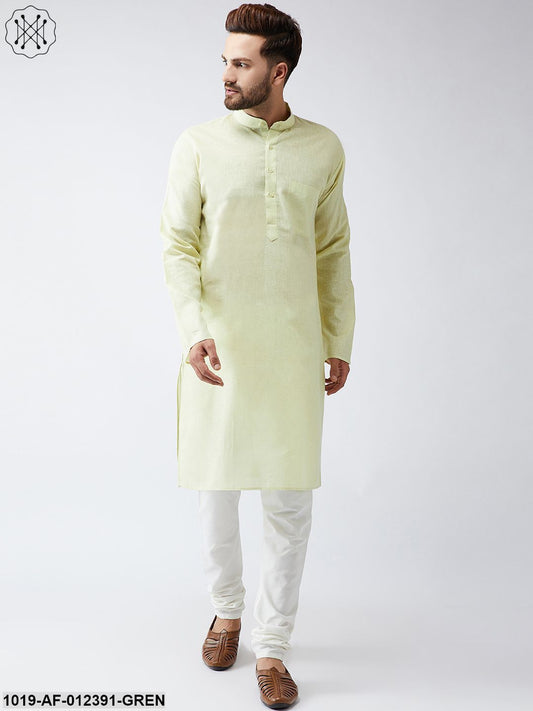 Men's Cotton Linen Lime Green Kurta And Off White Churidar Pyjama Set