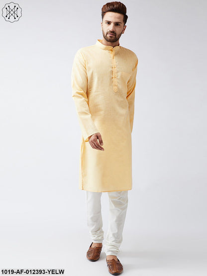 Men's Cotton Linen Yellow Kurta And Off White Churidar Pyjama Set