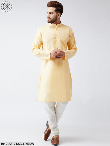 Men's Cotton Linen Yellow Kurta And Off White Churidar Pyjama Set