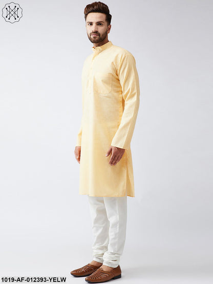 Men's Cotton Linen Yellow Kurta And Off White Churidar Pyjama Set