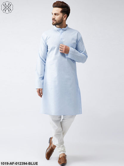 Men's Cotton Linen Sky Blue Kurta And Off White Churidar Pyjama Set