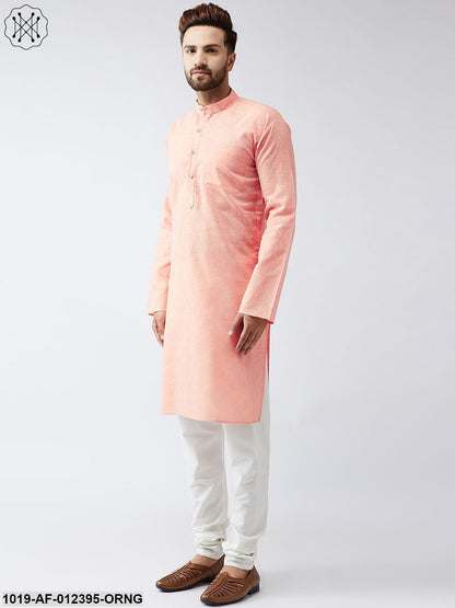 Men's Cotton Linen Orange Kurta And Off White Churidar Pyjama Set