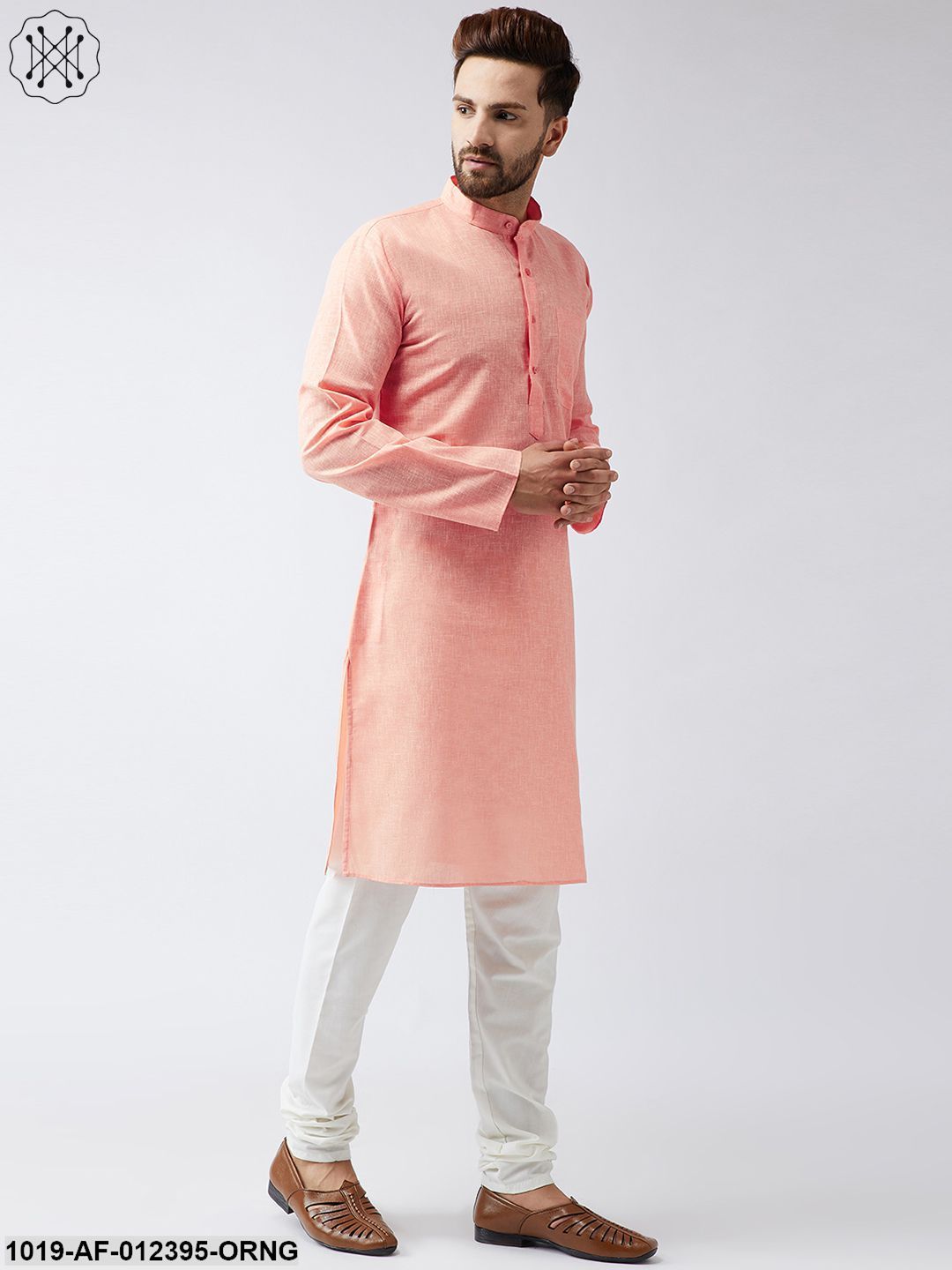 Men's Cotton Linen Orange Kurta And Off White Churidar Pyjama Set