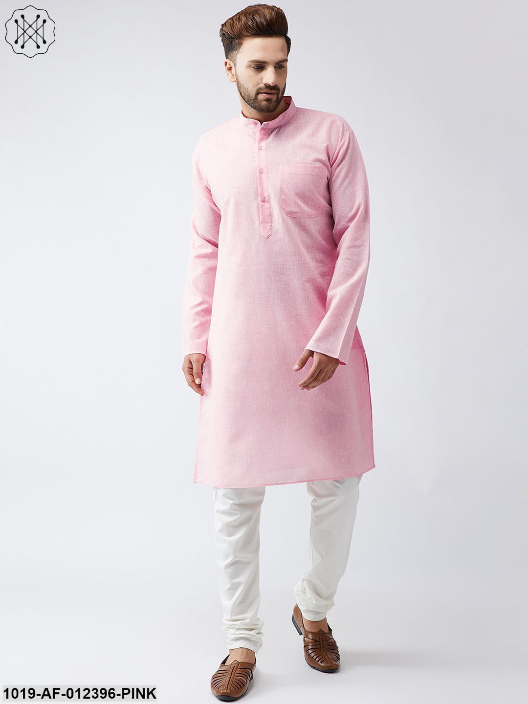 Men's Cotton Linen Pink Kurta And Off White Churidar Pyjama Set