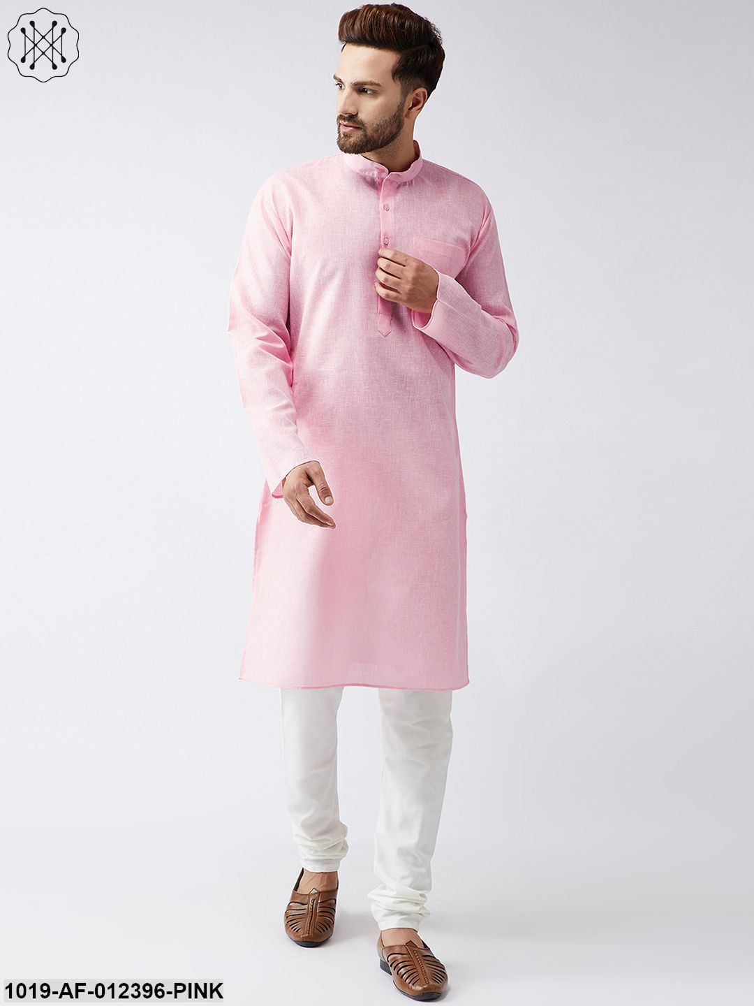 Men's Cotton Linen Pink Kurta And Off White Churidar Pyjama Set