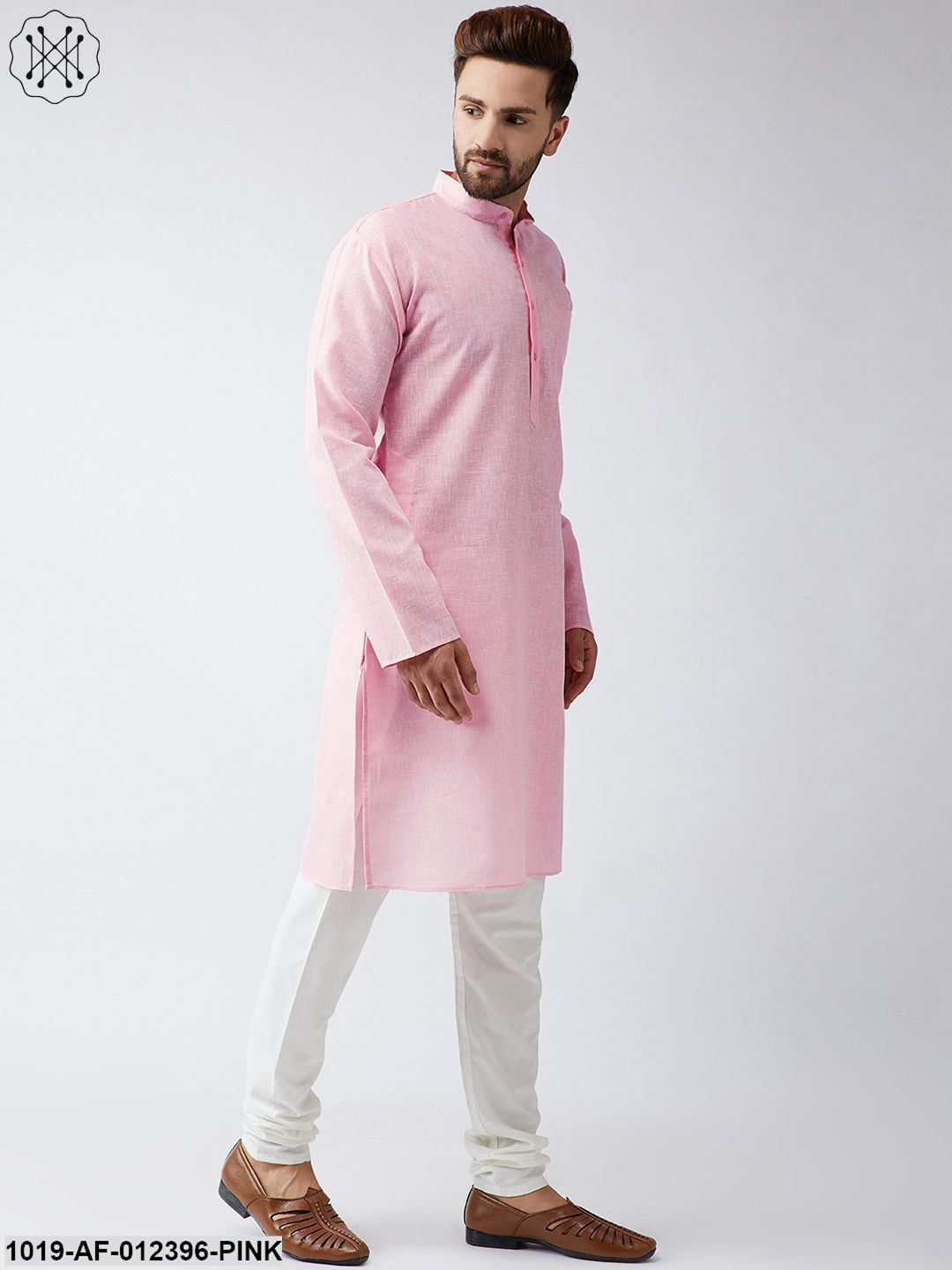 Men's Cotton Linen Pink Kurta And Off White Churidar Pyjama Set