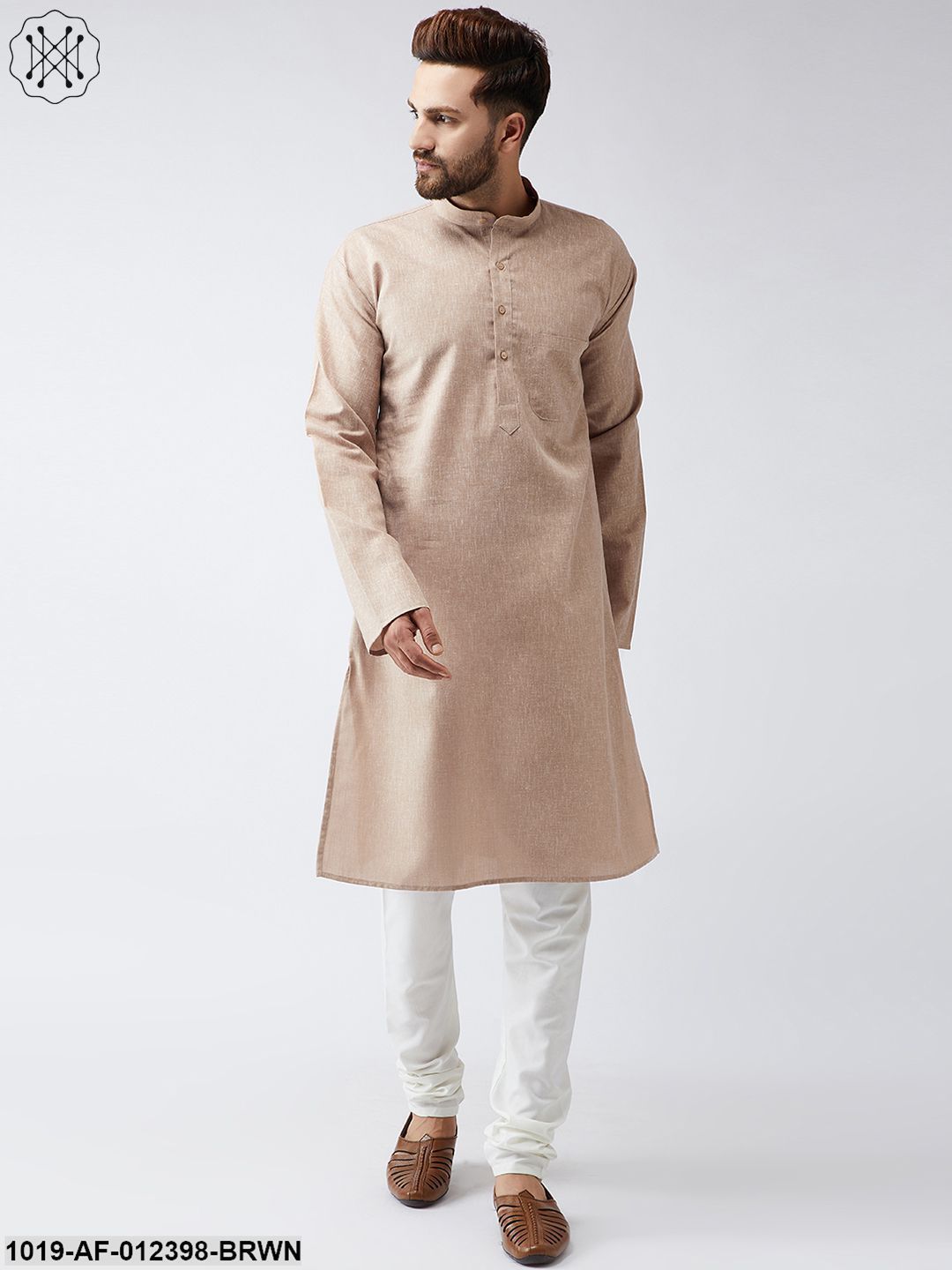 Men's Cotton Linen Brown Kurta And Off White Churidar Pyjama Set