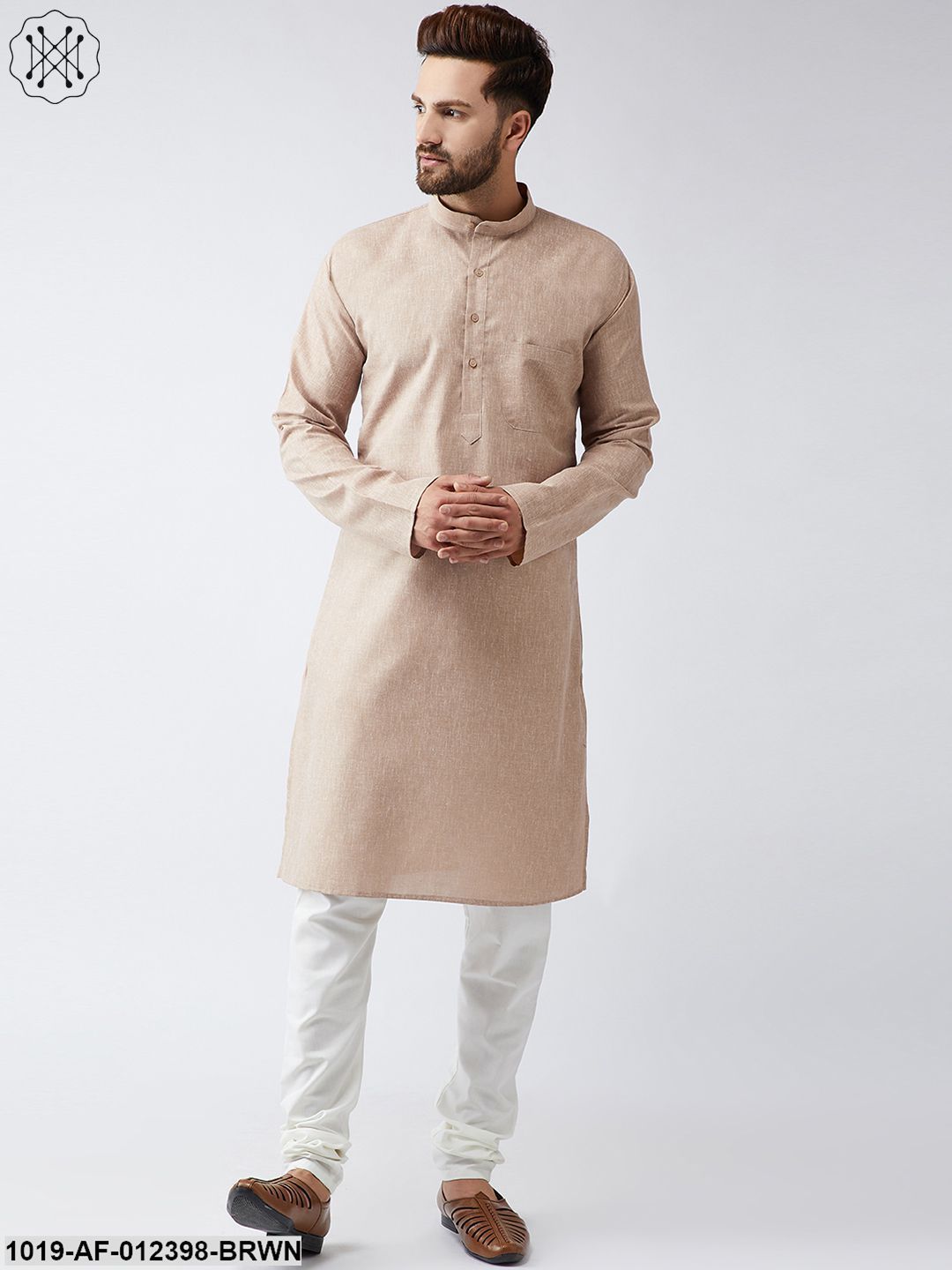 Men's Cotton Linen Brown Kurta And Off White Churidar Pyjama Set