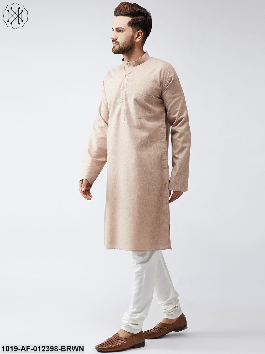 Men's Cotton Linen Brown Kurta And Off White Churidar Pyjama Set