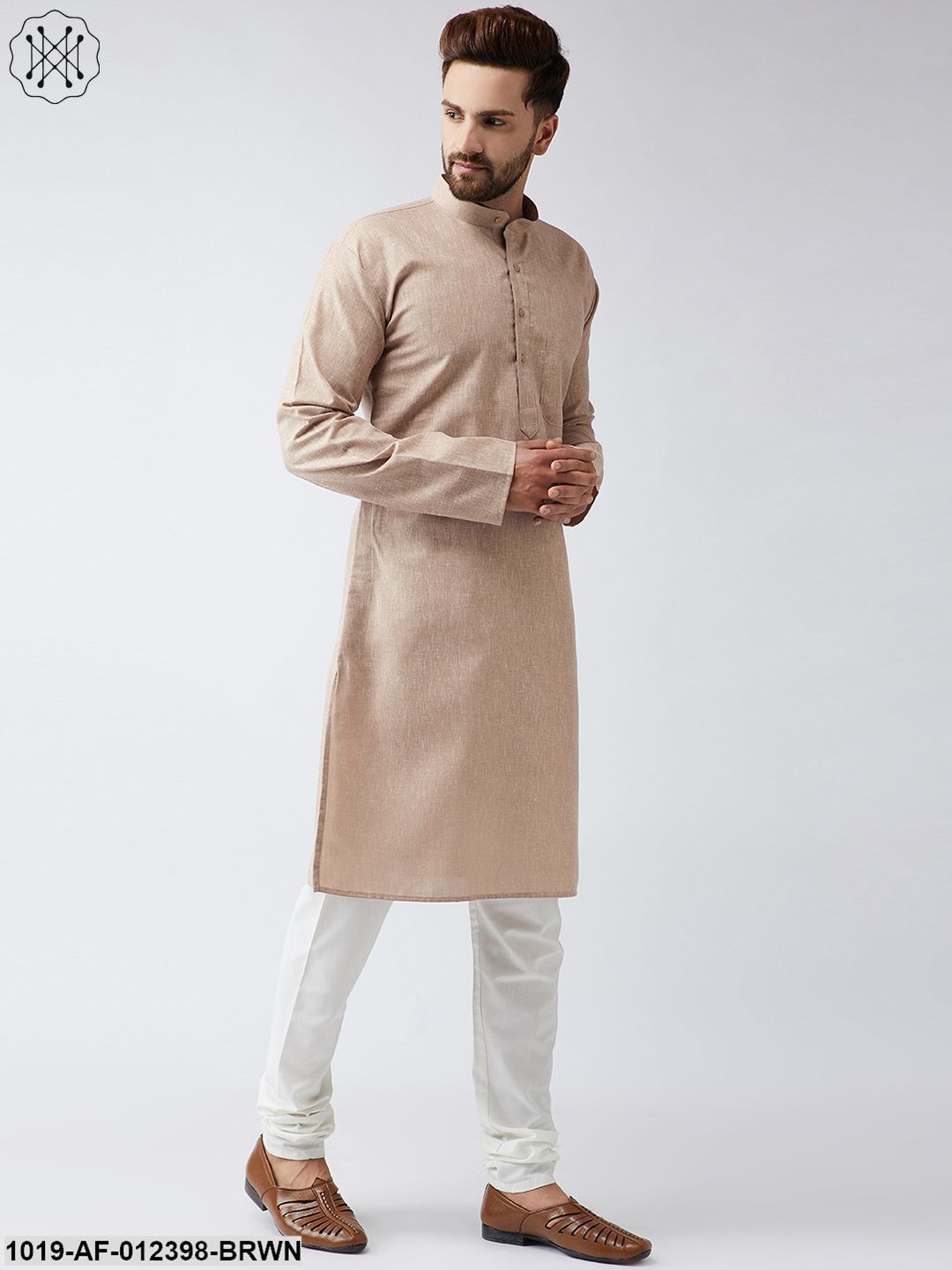 Men's Cotton Linen Brown Kurta And Off White Churidar Pyjama Set