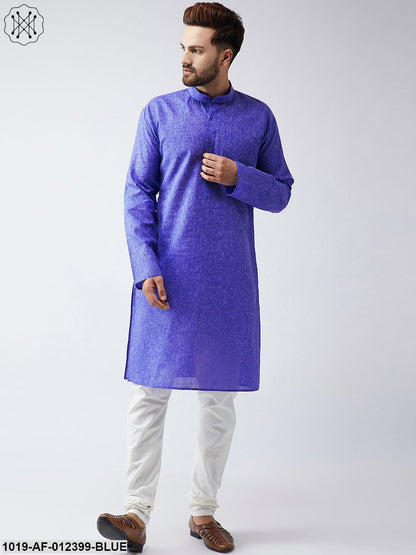 Men's Cotton Linen Indigo Blue Kurta And Off White Churidar Pyjama Set