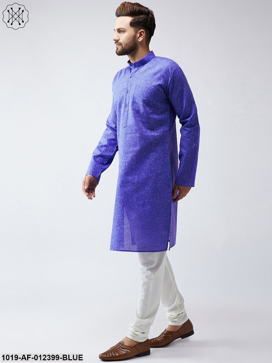 Men's Cotton Linen Indigo Blue Kurta And Off White Churidar Pyjama Set