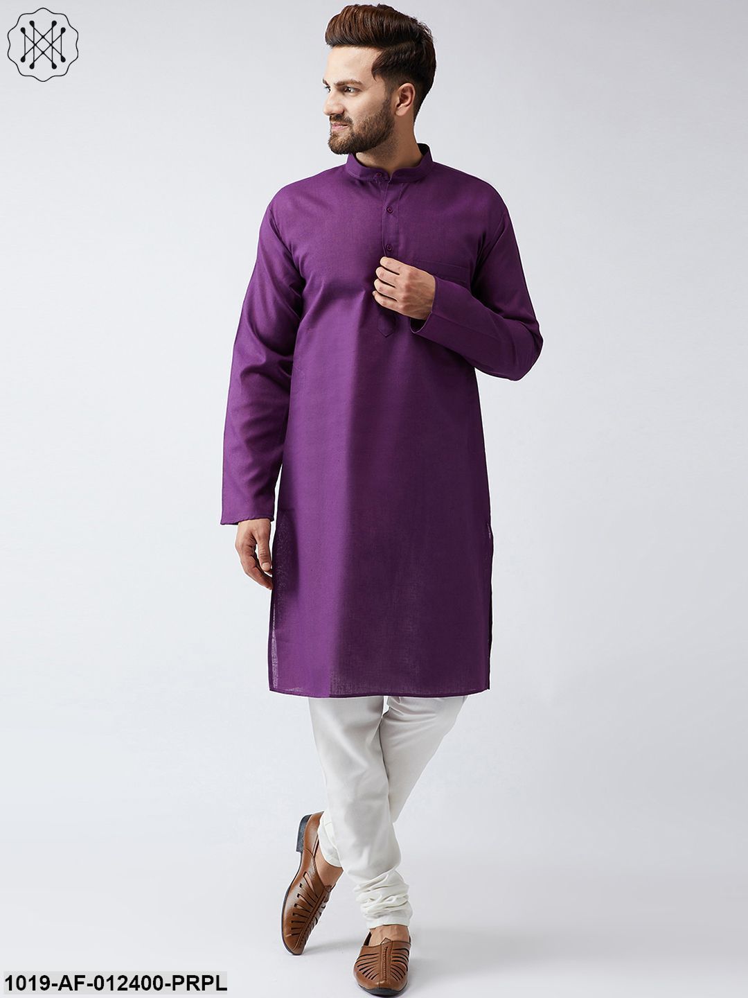 Men's Cotton Linen Purple Kurta And Off White Churidar Pyjama Set