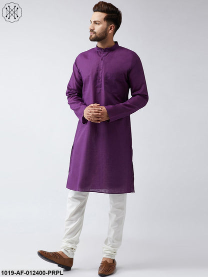 Men's Cotton Linen Purple Kurta And Off White Churidar Pyjama Set