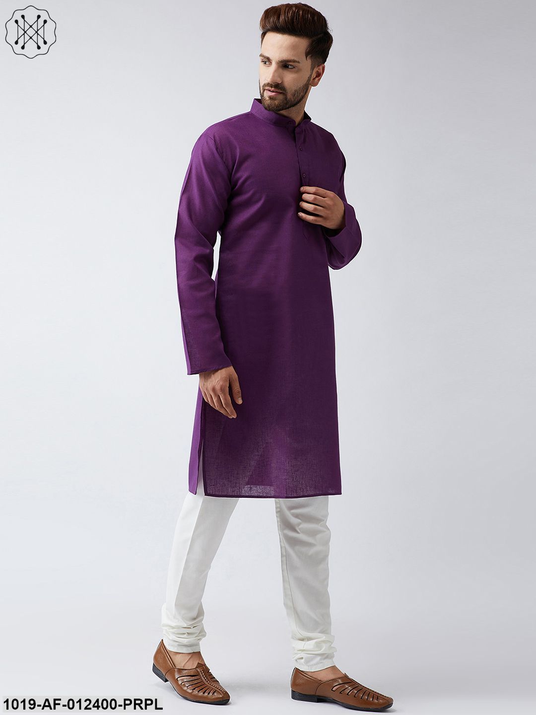 Men's Cotton Linen Purple Kurta And Off White Churidar Pyjama Set