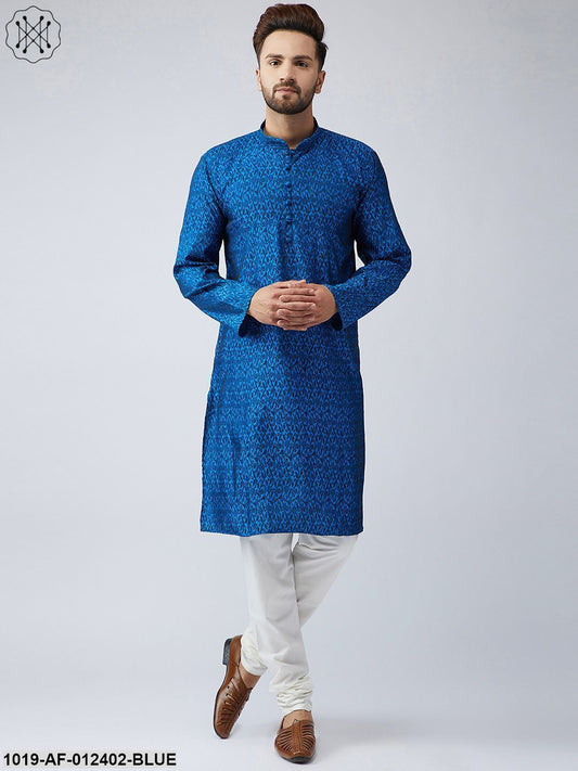 Men's Silk Blue Kurta And Off White Churidar Pyjama Set