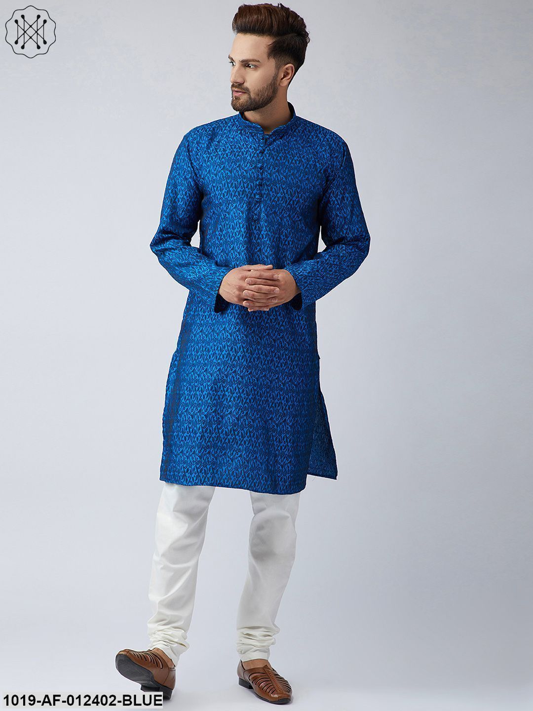 Men's Silk Blue Kurta And Off White Churidar Pyjama Set