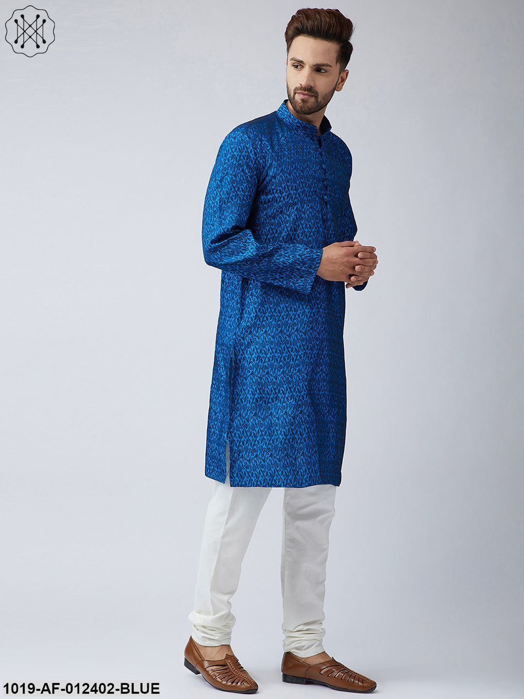 Men's Silk Blue Kurta And Off White Churidar Pyjama Set